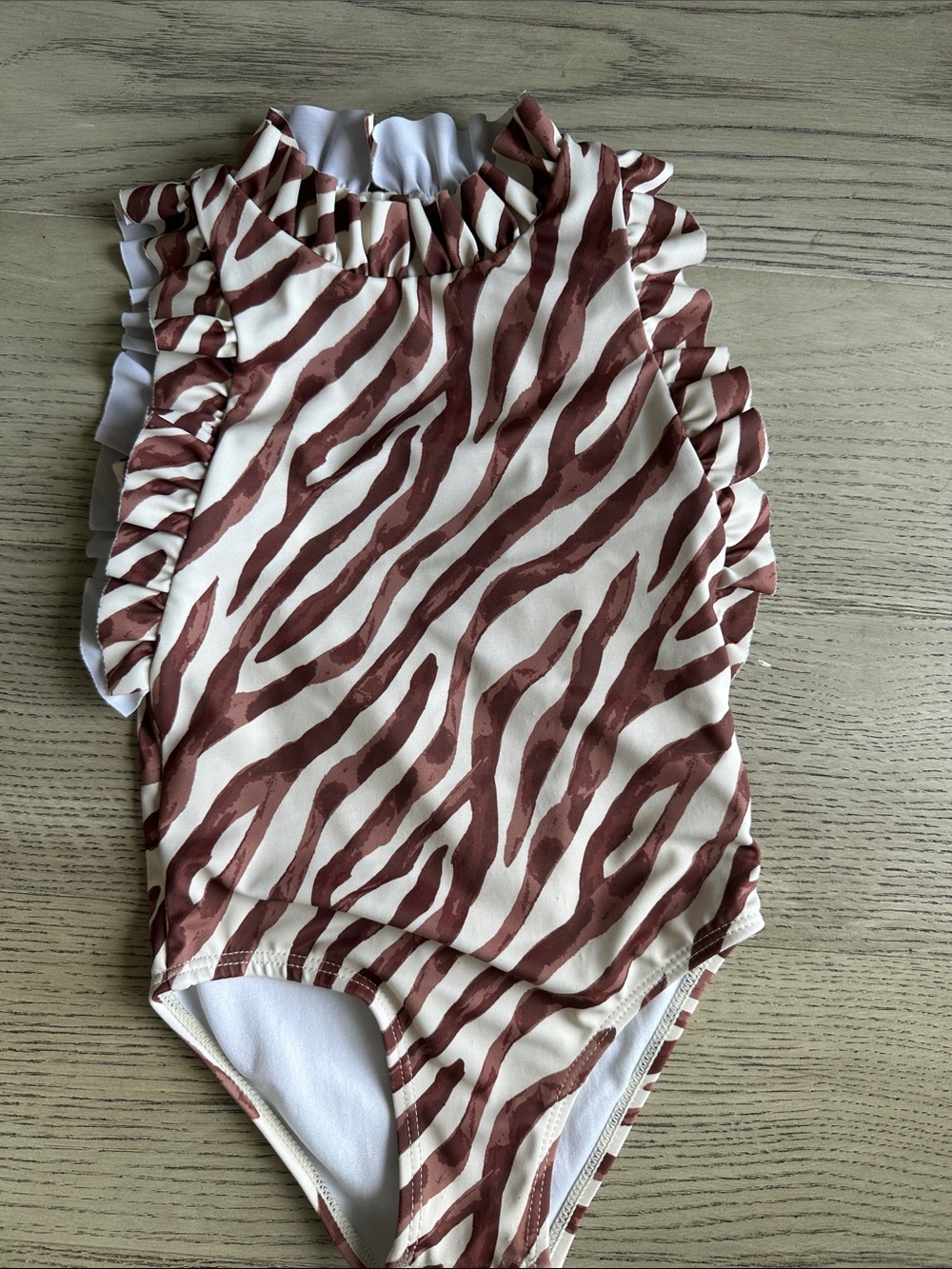 Janie and Jack Cream and Brown Zebra Ruffle One-Piece Swimsuit